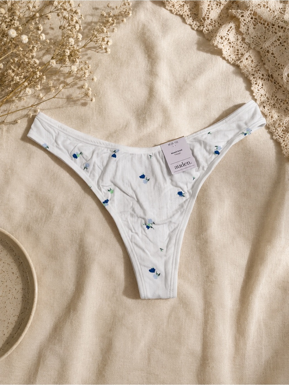 Auden White Ribbed Thong with Blue Floral Print
